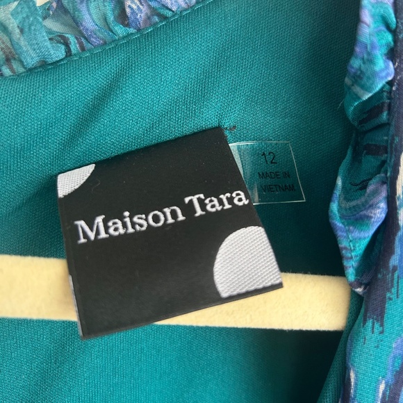 Maison Tara Blue Ruffle Printed Maxi Dress Tie Waist Size 12 3/4 Sleeve V Neck - Picture 5 of 10